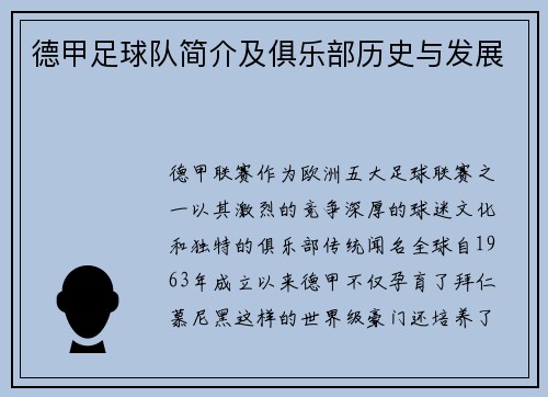 德甲足球队简介及俱乐部历史与发展
